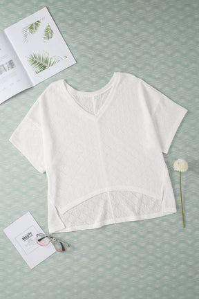 White V Neck Side Slits Knitted Flowy Oversized Blouse