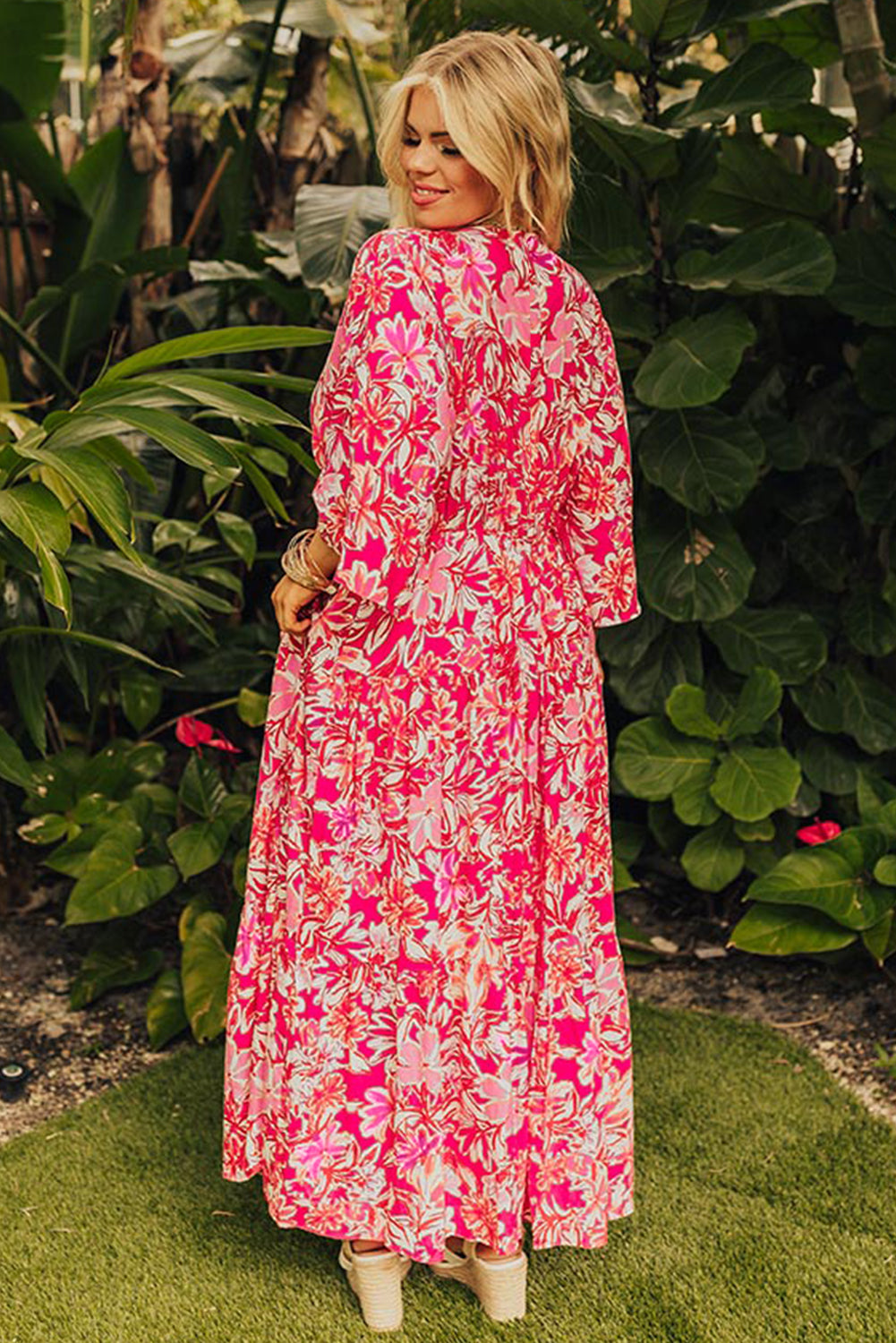 Rose Plus Size Floral V Neck Flounce Sleeve Boho Maxi Dress