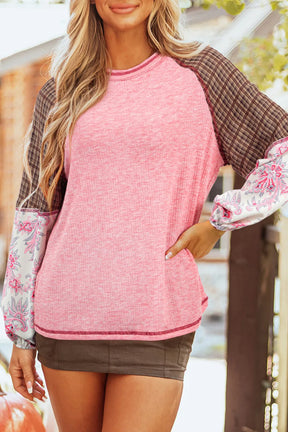 Contrast Stitching Round Neck Long Sleeve Top-True and Wild