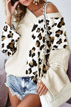 Beige V Neck Leopard Colorblock Patchwork Long Sleeve Top-True and Wild