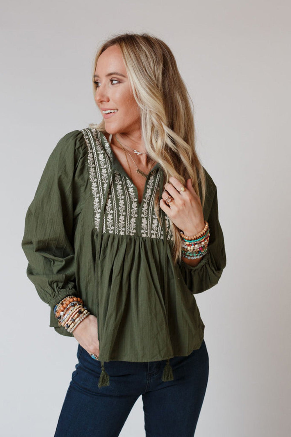 Green Embroidered Split Neck Pleated Loose Blouse-True and Wild