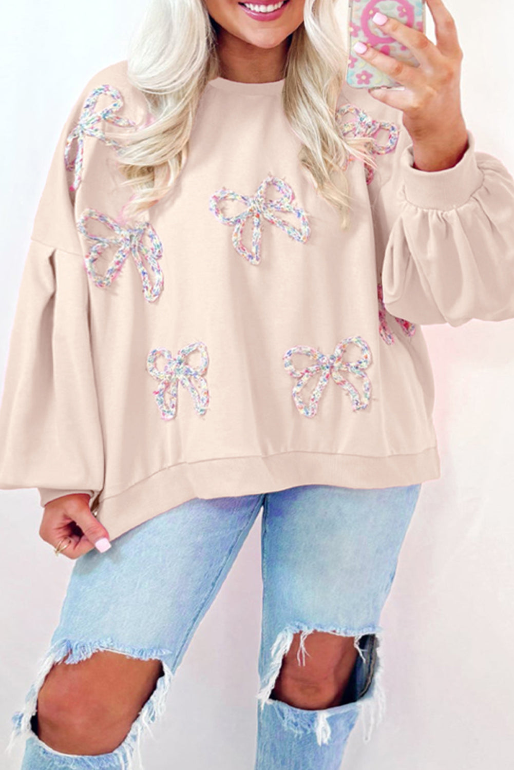 Bow Round Neck Long Sleeve Sweatshirt-True and Wild