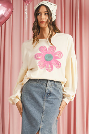 Beige Cute Tinsel Flower Puff Sleeve Sweatshirt-True and Wild