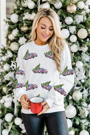 Beige Sequins A Truck of Christmas Tree Graphic Sweatshirt-True and Wild