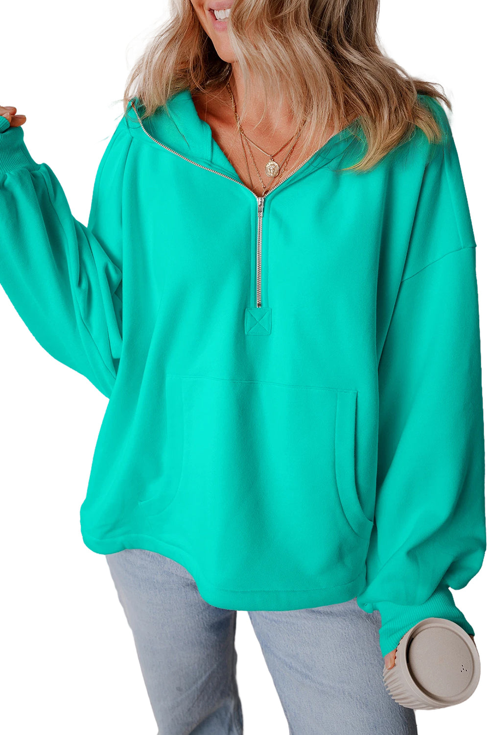 Black Half Zipper Kangaroo Pockets Drop Shoulder Hoodie-True and Wild