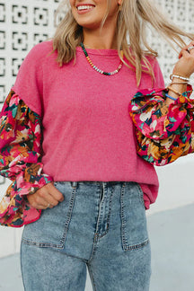 Long Sleeve Tops - Sachet Pink Flower Patchwork Ribbed Knit Drop Shoulder Top