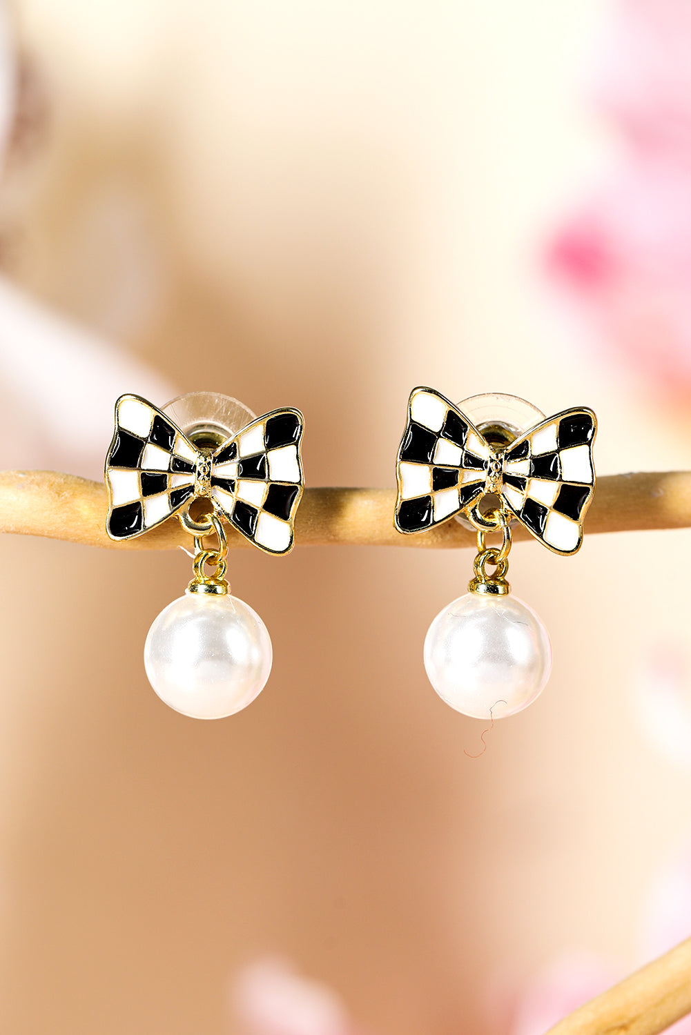 Black Checkered Bow Pearl Drop Earrings