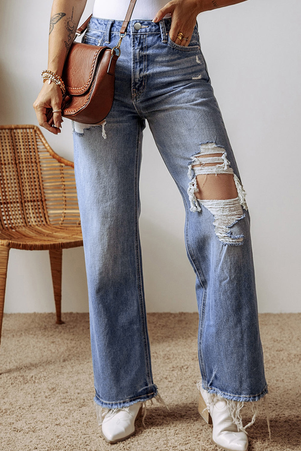 Ashleigh Blue Distressed Raw Hem Straight Leg High Waist Jeans-True and Wild