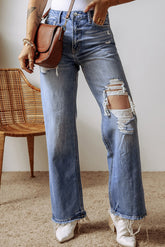 Ashleigh Blue Distressed Raw Hem Straight Leg High Waist Jeans-True and Wild