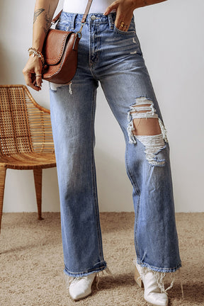 Ashleigh Blue Distressed Raw Hem Straight Leg High Waist Jeans-True and Wild