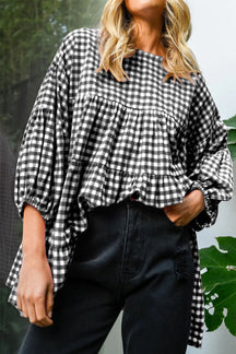 Black Plaid Drop Sleeve Tiered Oversized Blouse-True and Wild