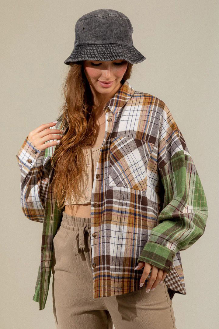 Plaid Collared Neck Long Sleeve Shirt-True and Wild