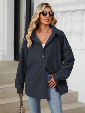 Collared Neck Long Sleeve Dropped Shoulder Shirt-True and Wild