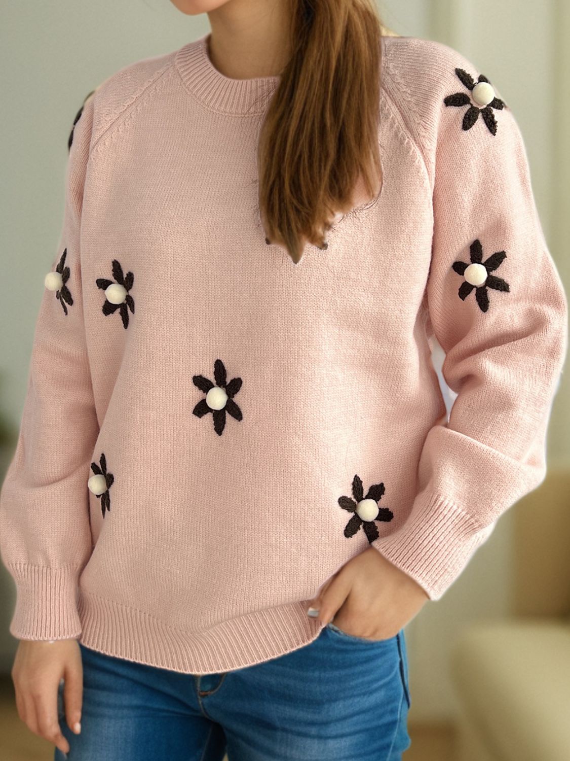 Flower Round Neck Raglan Sleeve Sweater