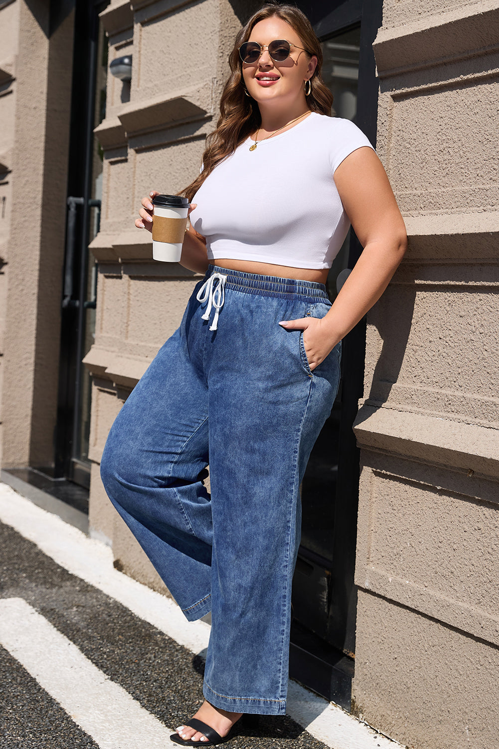 Dusk Blue Drawstring High Waist Plus Size Jeans-True and Wild