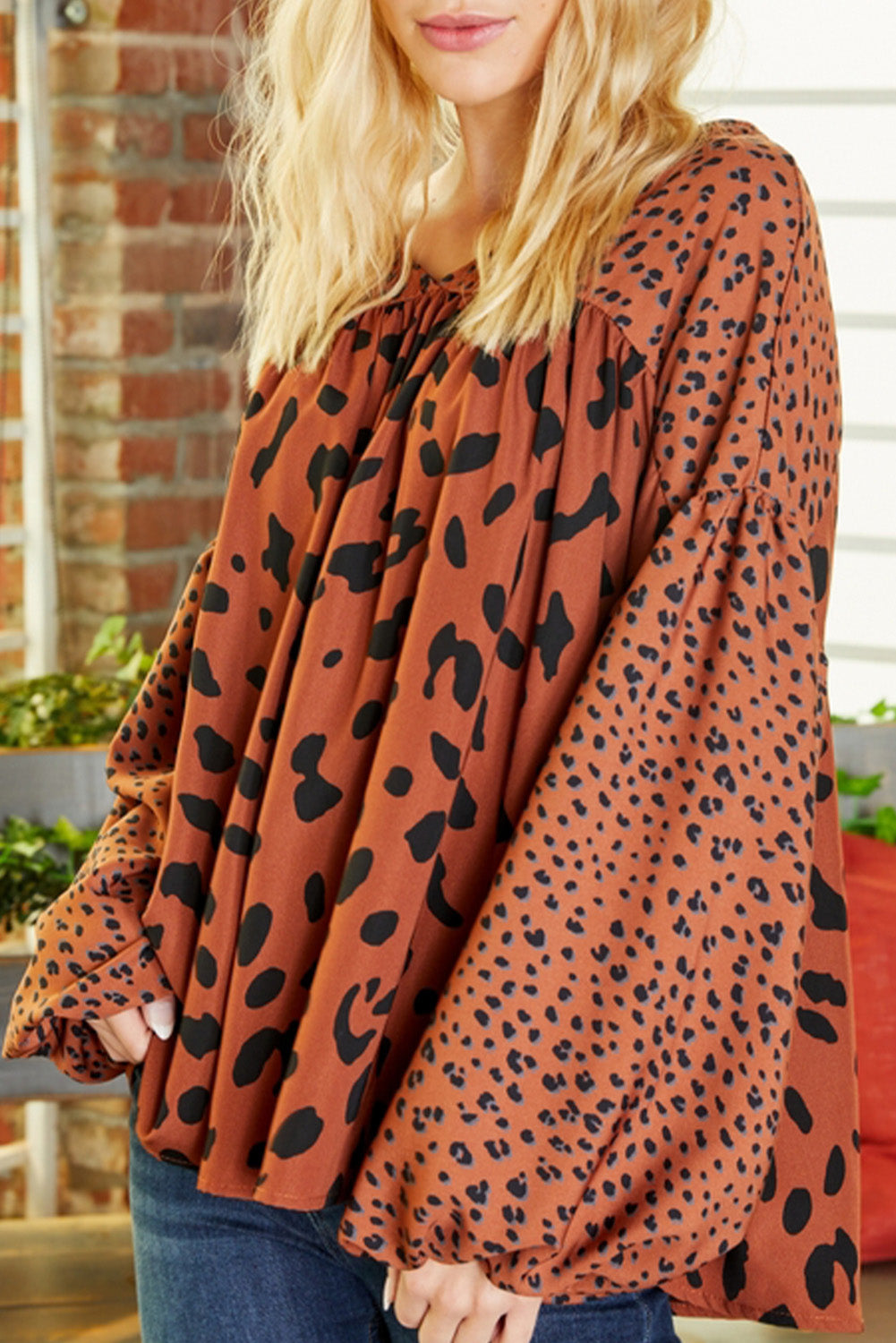 Brown Leopard V Neck Lantern Sleeve Tunic Blouse-True and Wild