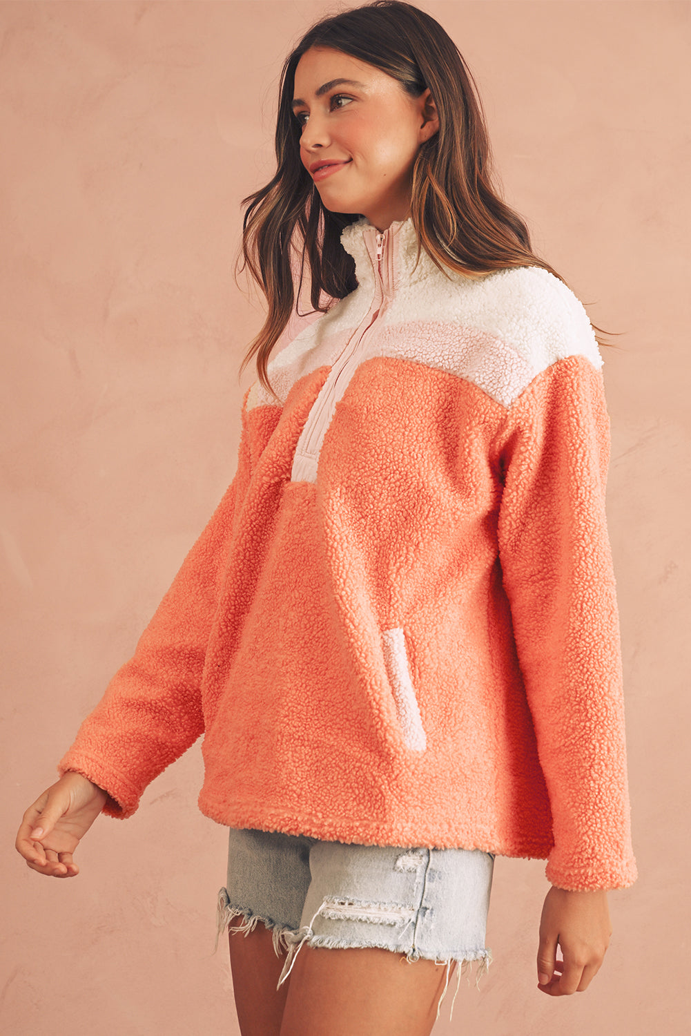 Orange Colorblock Zipper Stand Neck Sherpa Sweatshirt-True and Wild