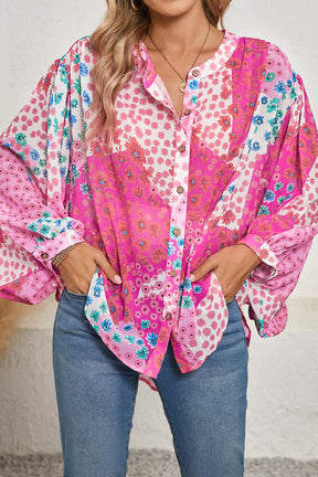 Rose Red Floral Print Dolman Sleeve Blouse-True and Wild