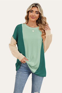 Double Take Texture Contrast Round Neck Long Sleeve T-Shirt-True and Wild