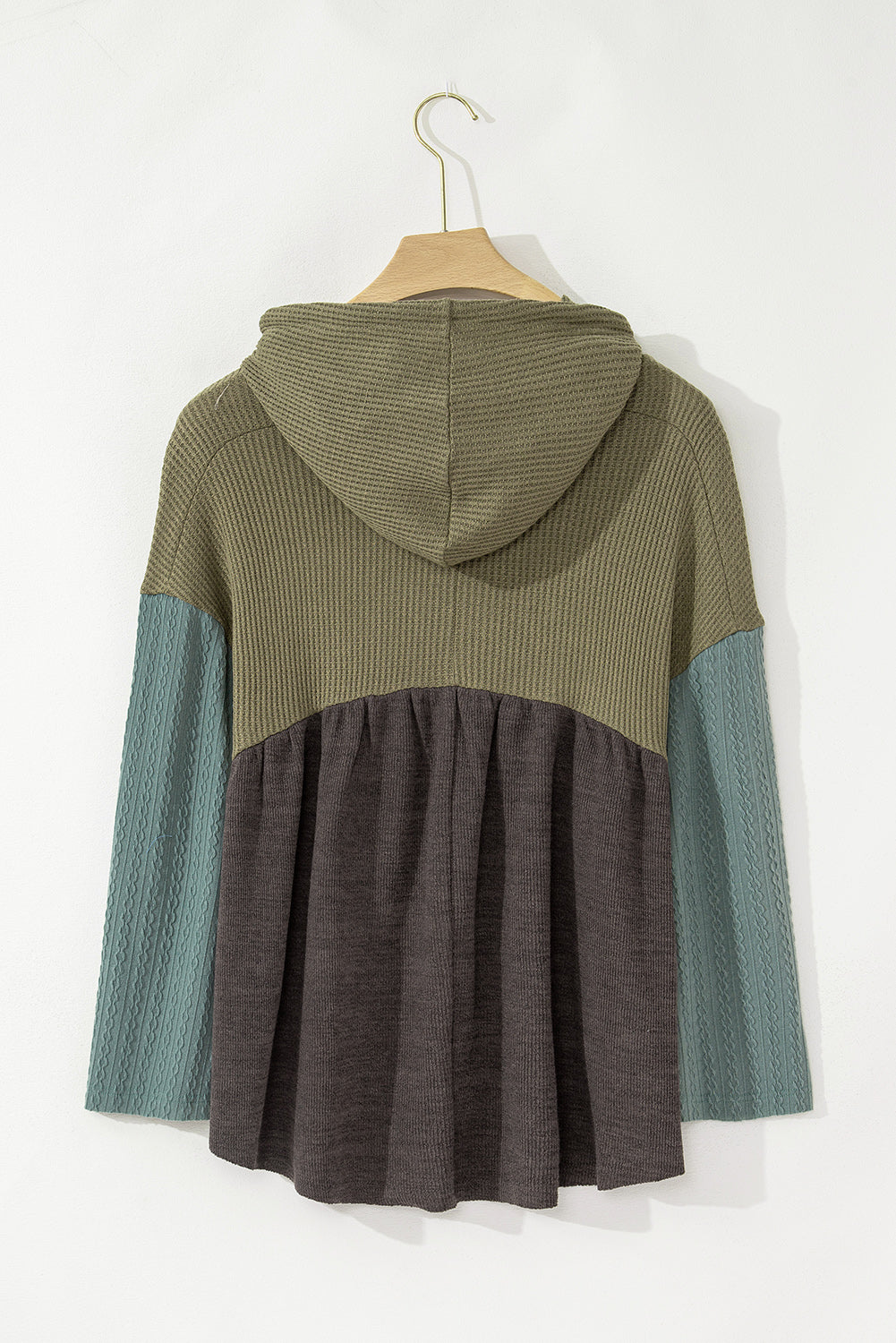 Laurel Green Waffle Knit Patchwork Drawstring Hooded Top-True and Wild