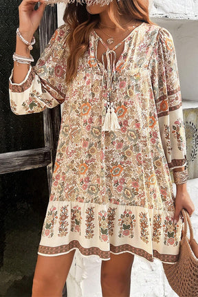 Apricot Floral Print Tassel Drawstring V Neck Loose Mini Dress-True and Wild