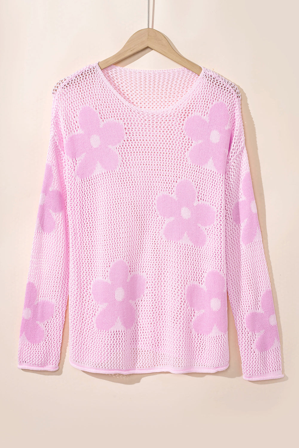 Light Pink Flower Drop Shoulder Hollow Knit Top-True and Wild