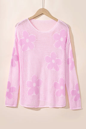 Light Pink Flower Drop Shoulder Hollow Knit Top-True and Wild