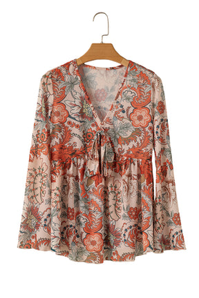 Orange Floral Bell Sleeve Pleated Blouse-True and Wild