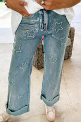 Dusk Blue Star Patched Straight Leg Loose Jeans-True and Wild