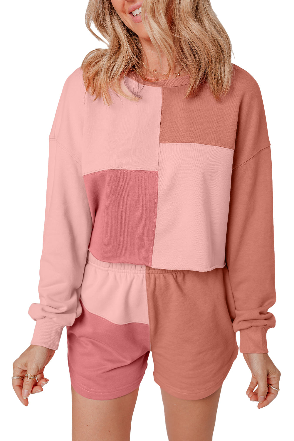 Peach Blossom Colorblock Long Sleeve Top & Pocketed Shorts Set-True and Wild