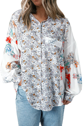 Purple Boho Floral Bishop Sleeve Button Up Loose Shirt-True and Wild