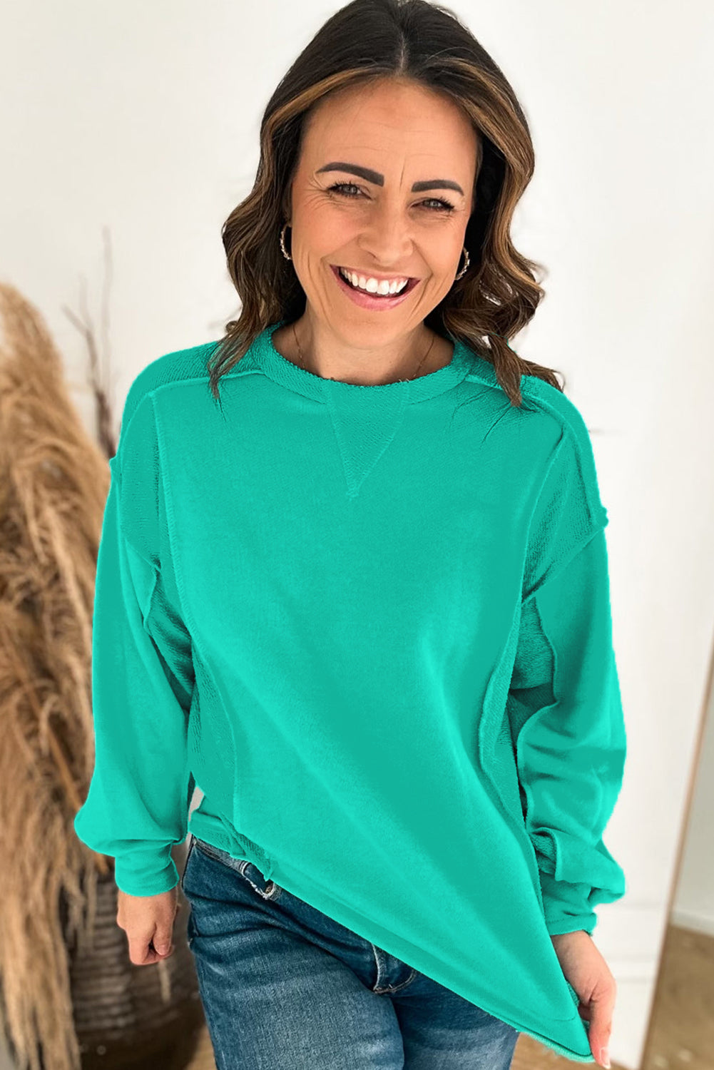 Mint Green Exposed Seam Patchwork Pullover Sweatshirt-True and Wild