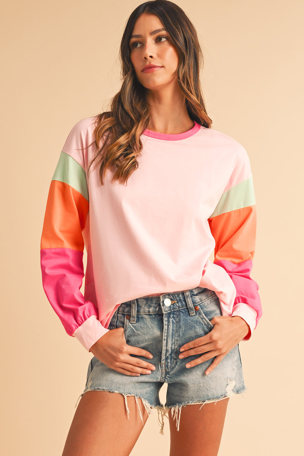 Rose Red Color Block Sleeve Loose Fit Top-True and Wild