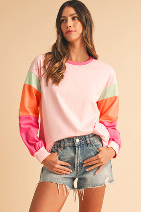 Rose Red Color Block Sleeve Loose Fit Top-True and Wild