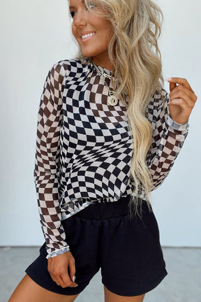 Black Checkered Pattern Mesh Long Sleeve Top-True and Wild