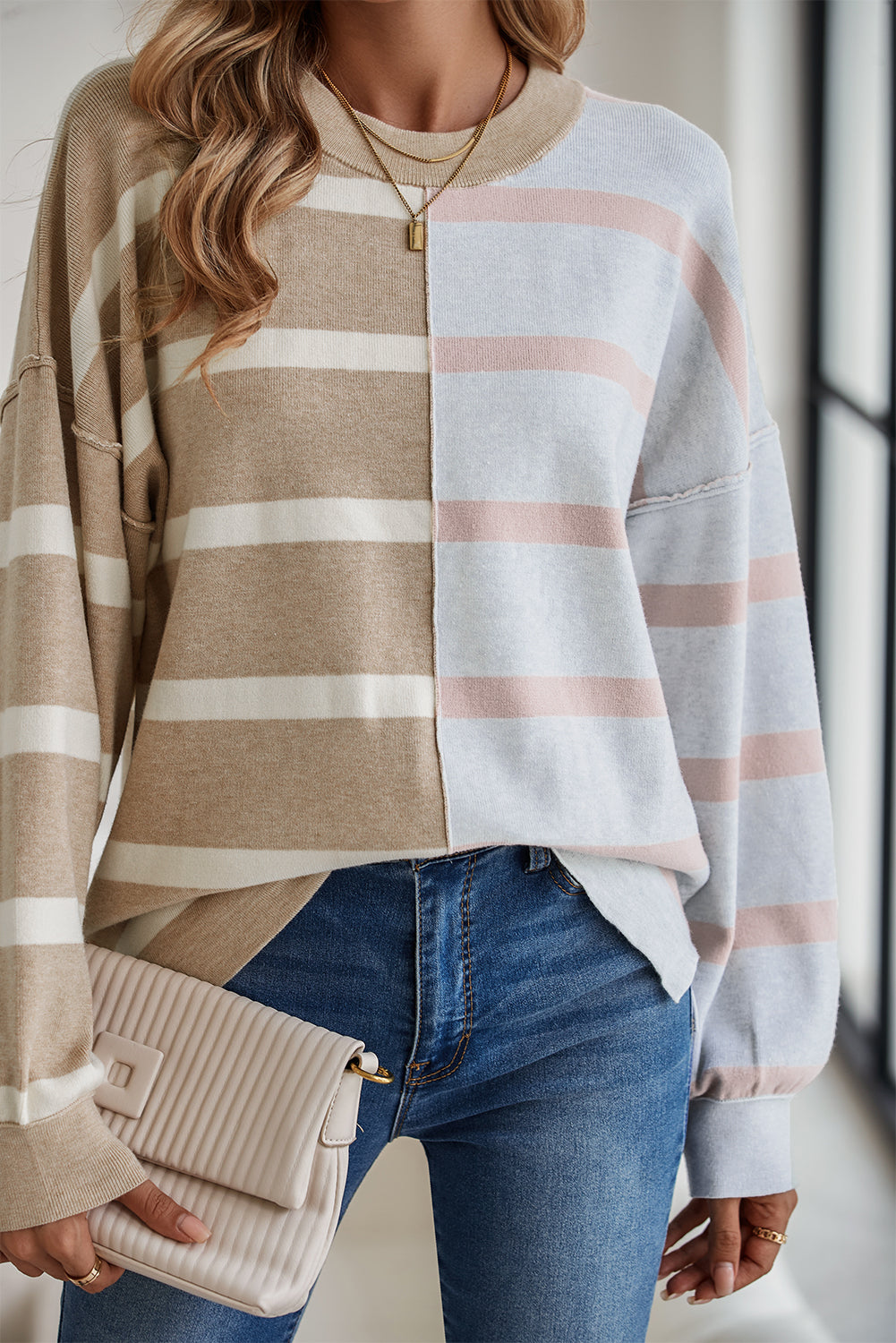 Light Beige Striped Colorblock Drop Shoulder Sweater-True and Wild