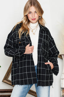 Black Plaid Button Up Shirt Shacket with Flap Pockets-True and Wild