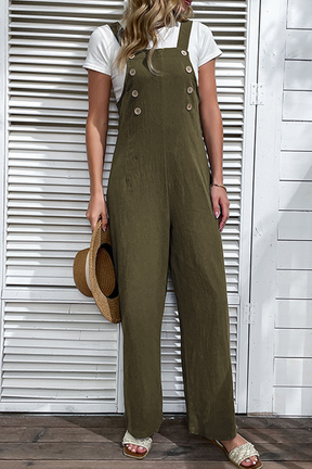 Jungle Green Solid Color Button Straight Leg Overall