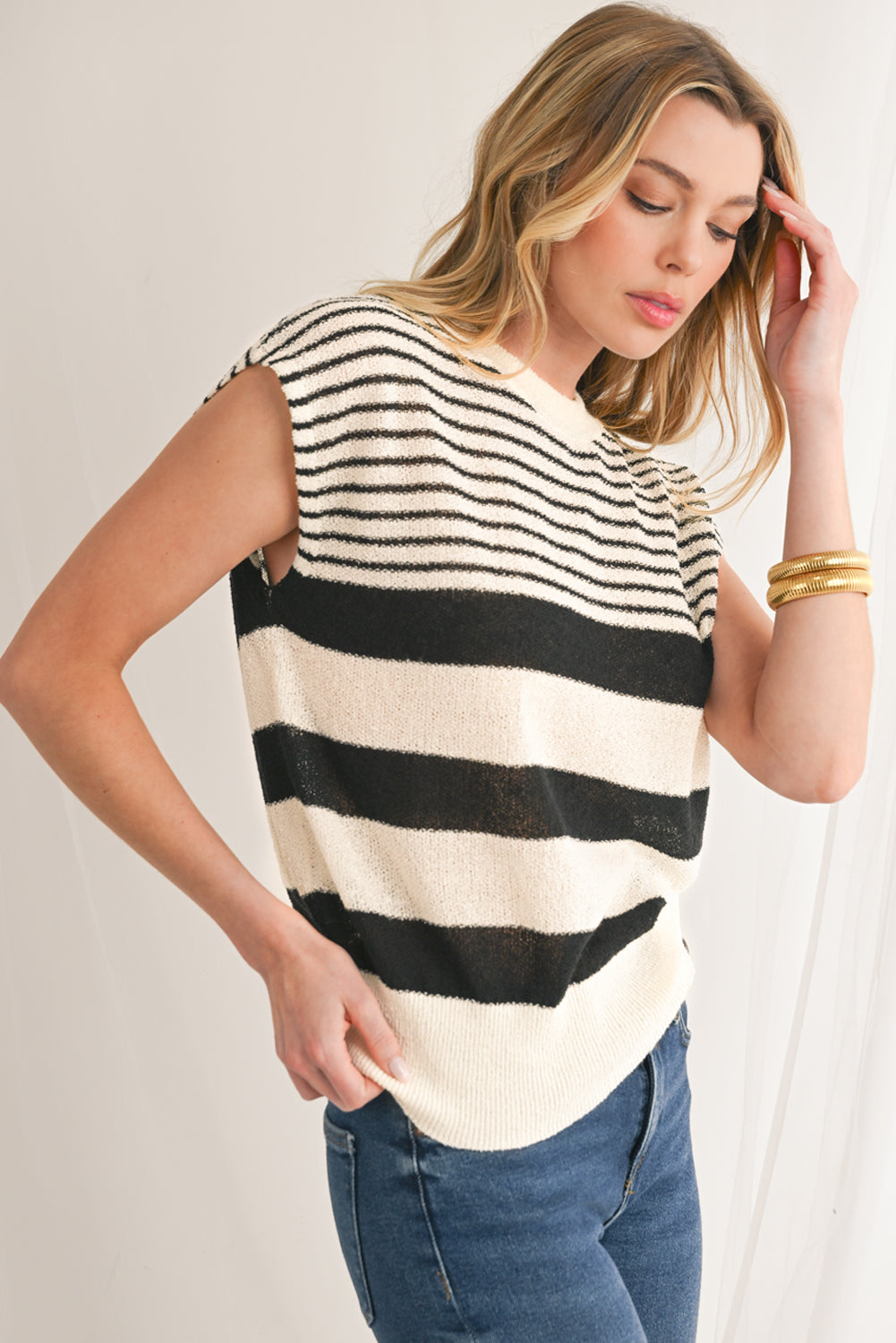 Black White Striped Sleeveless Knit Top-True and Wild