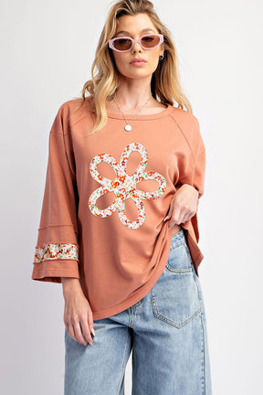 Grapefruit Orange Flower Exposed Seam Patchwork Loose Top-True and Wild