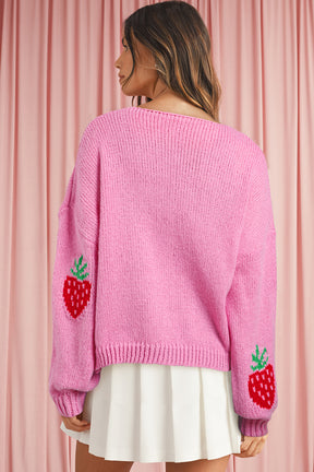 Rose Strawberry Print Bowknot Knit Cardigan