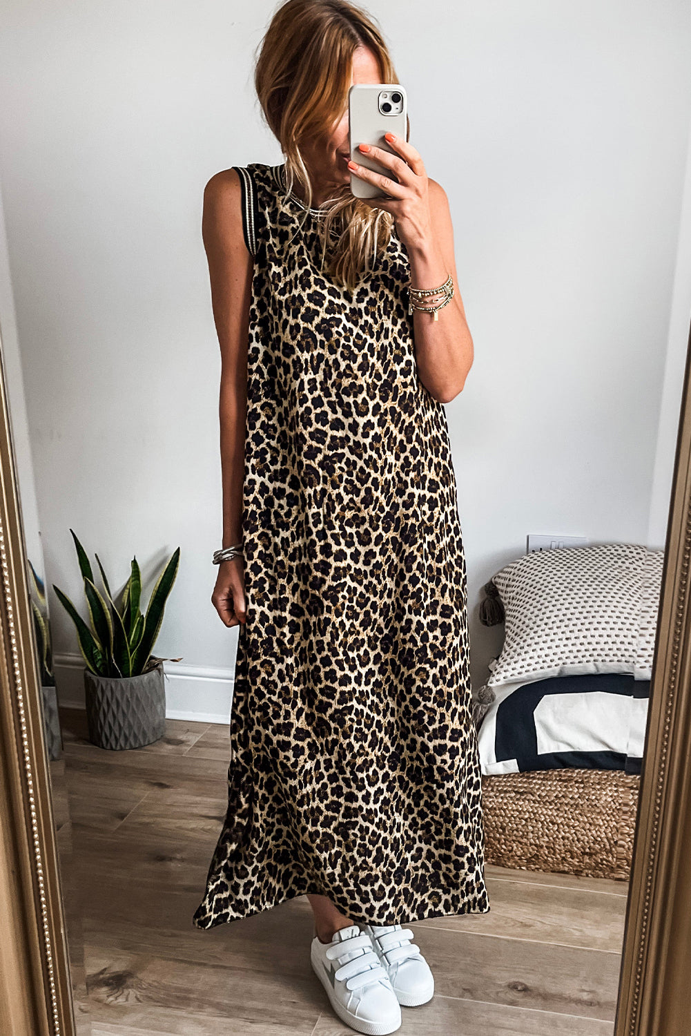 Black Contrast Striped Trim Leopard Sleeveless Midi Dress