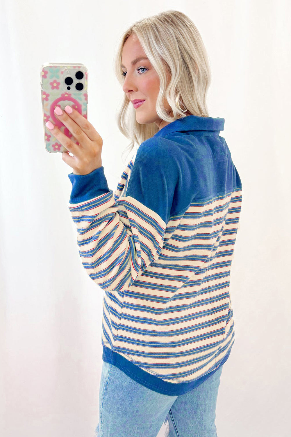 Blue Stripe Collared V Neck Drop Shoulder Top-True and Wild