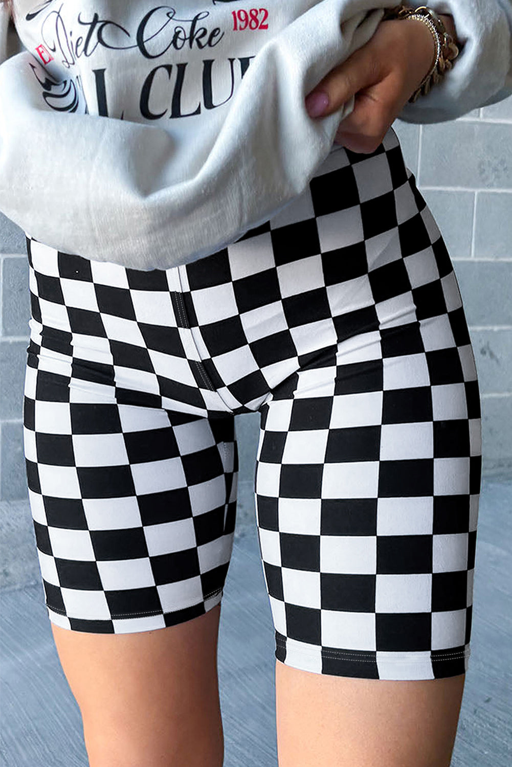 Black Checkerboard Printed High Waist Biker Shorts