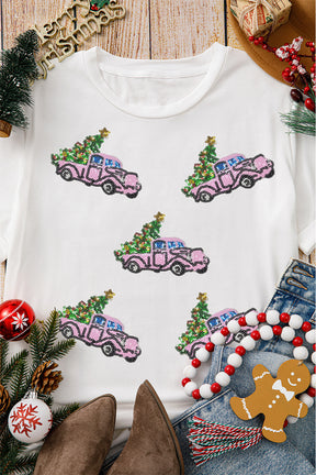 White Truck Christmas Tree Patched Pattern Crewneck Tee