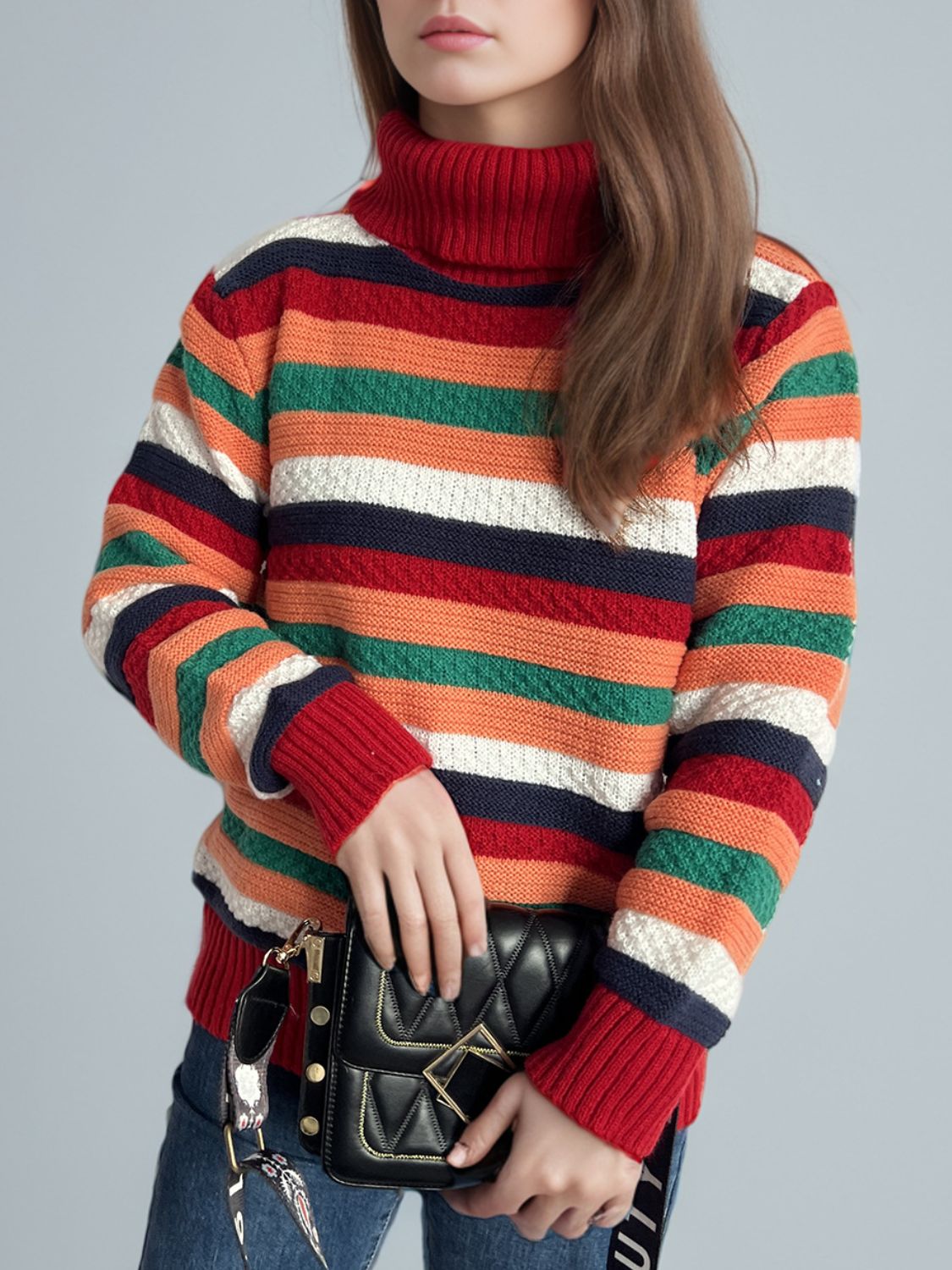 Contrast Stripes Turtleneck Long Sleeve Sweater