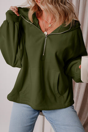 Black Half Zipper Kangaroo Pockets Drop Shoulder Hoodie-True and Wild