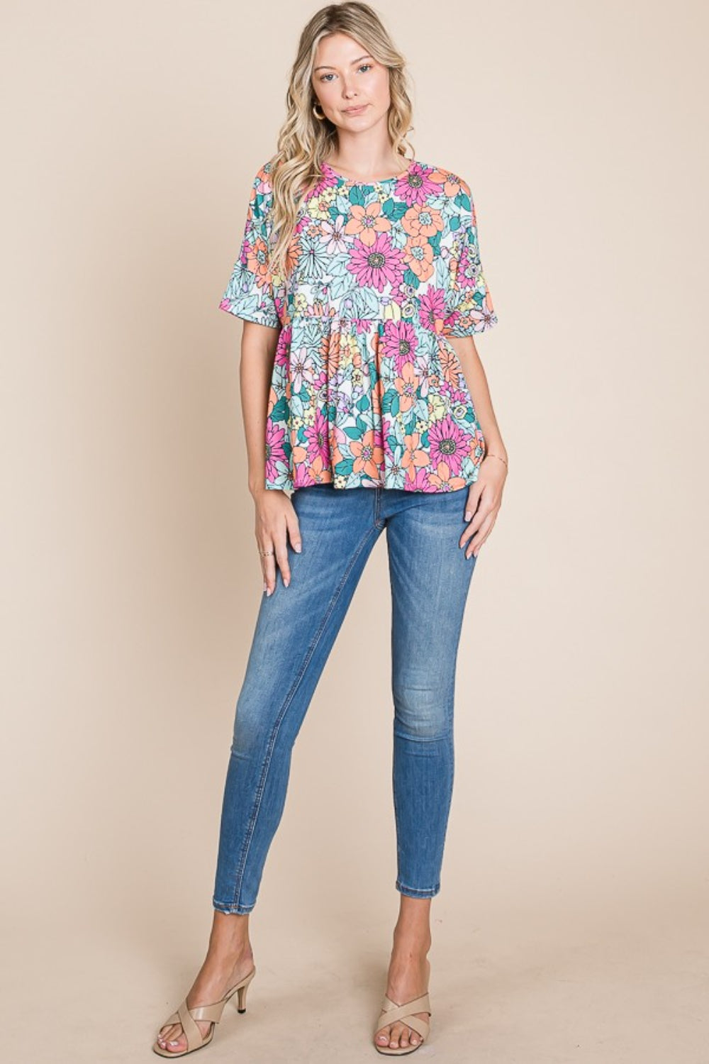 BOMBOM Floral Round Neck Short Sleeve Blouse-True and Wild