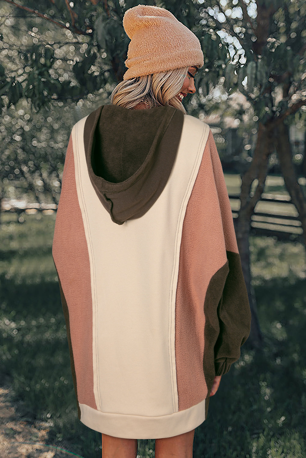 Beige Patchwork High Low Oversized Hoodie-True and Wild