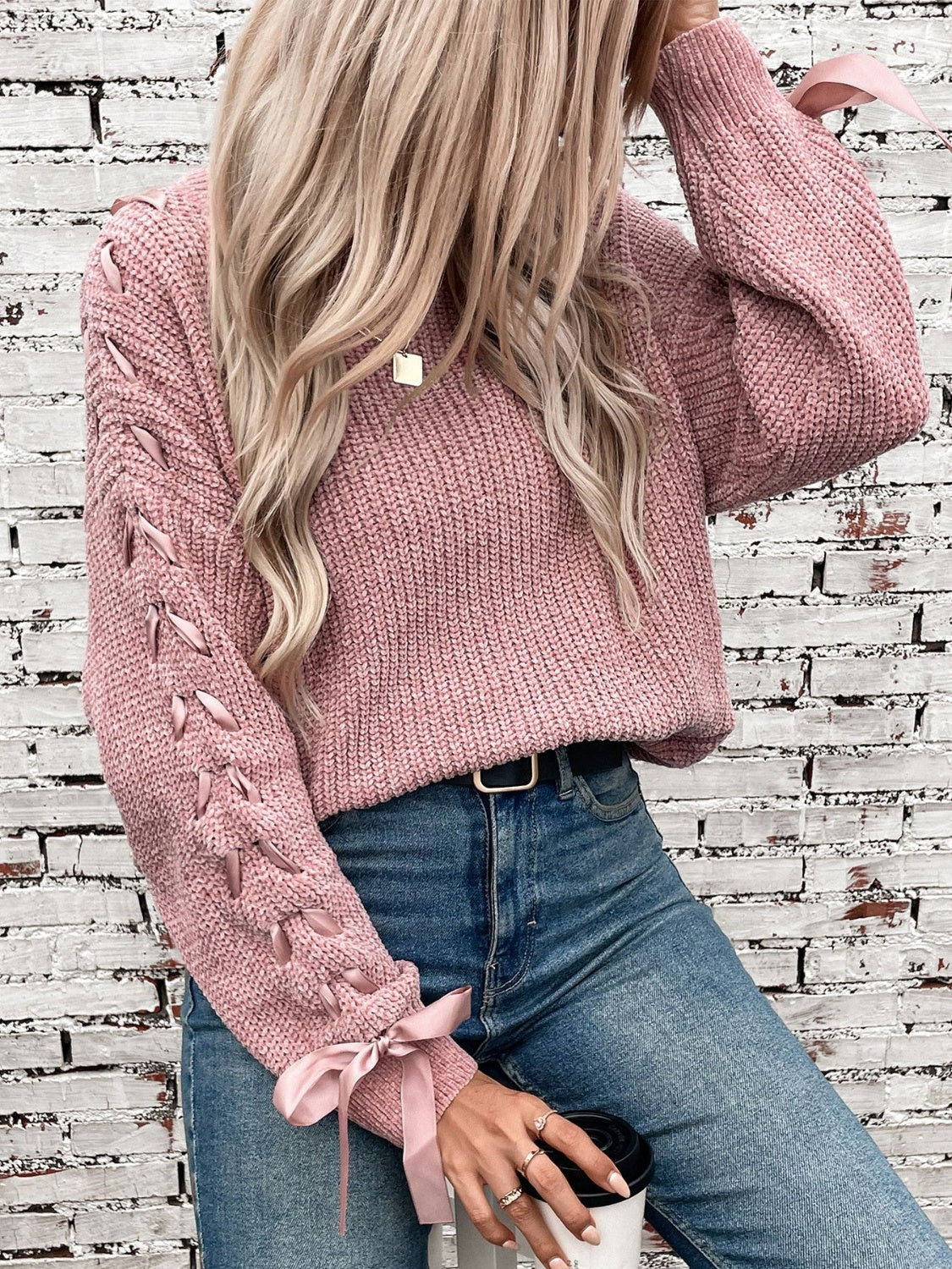 Lace Up Round Neck Long Sleeve Sweater-True and Wild